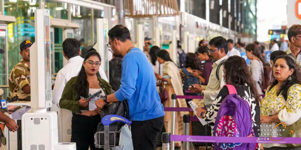 A bustling Indian airport terminal showcasing passengers, planes, and modern infrastructure highlighting the growth of India's aviation industry.
