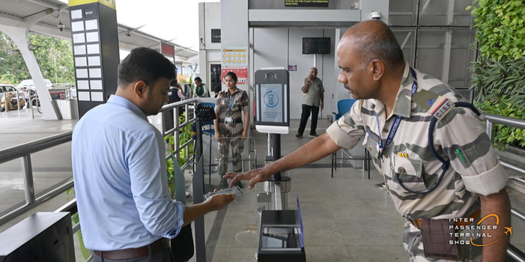 CISF personnel scanning passenger tickets with 2D barcode scanners at Chennai Airport